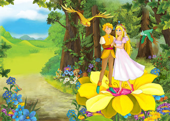 Obraz na płótnie Canvas Cartoon scene with cute prince and princess in the forest - beautiful manga girl - illustration for children