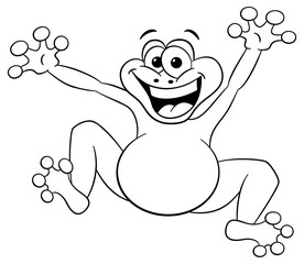 hüpfender Cartoon Frosch in schwarz weiß