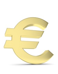 Isolated golden euro sign on white background. European currency. Concept of investment, european market, savings. Power, luxury and wealth. 3D rendering.