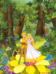Cartoon scene with cute princes in the forest - beautiful manga girl - illustration for children