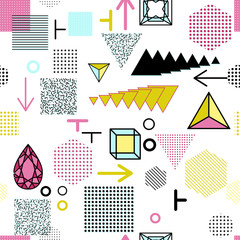 Obraz premium Trendy geometric elements memphis cards, seamless pattern. Retro style texture. Modern abstract design poster, cover, card design