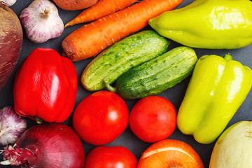 Close up of various colorful raw vegetables. healthy eating concept
