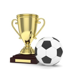 Fototapeta premium Isolated golden cup with ball on white background. Soccer and football. First place trophy. Game and competition. 3D rendering