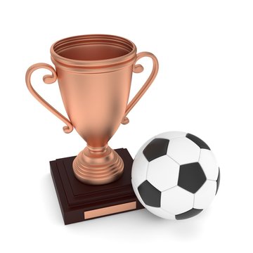Isolated bronze cup with ball on white background. Soccer and football. Third place trophy. Game and competition. 3D rendering