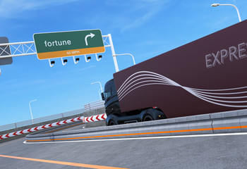 Self driving hybrid truck on highway. 3D rendering image.