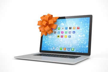 Tied laptop with red bow on white background. Modern present or gift for birthday, holiday, christmas. 3D rendering.