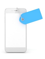 White smart phone with blue price tag on white background. Identification, price, label. 3D rendering.