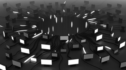 Flashing screens and moving signals, 3D rendering. Black background