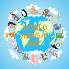 Banner World animal day with cute character drawing in funny cartoon style for kids and preschool education. Vector illustration