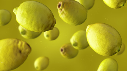 Multiple falling lemons and water drops against yellow background. 3D rendering