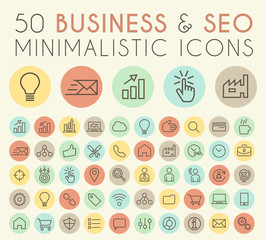 Set of 50 Isolated Universal Minimal Simple Thin Line Business ans SEO Icons on Circular Color Buttons.