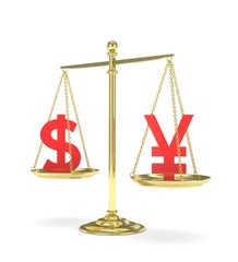 Isolated old fashioned pan scale with dollar and yuan,yen on white background. American and chinese and japanese currency. Currency equality. red money. 3D rendering.