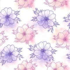 Floral seamless pattern of watercolor flower anemone in pantone Rose quartz and Serenity, flower seamless pattern for card, holiday, wedding, birthday, textile, wallpaper, wrapping Vector flower
