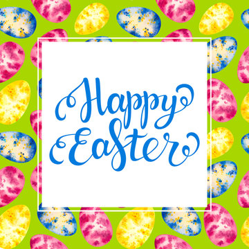 Happy easter card. Happy Easter lettering. Watercolor easter egg seamless pattern. Easter vector. Easter holiday. Easter text.
