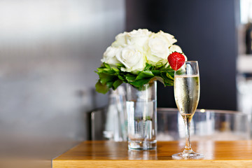 White bride Bouquet with a champagne glass