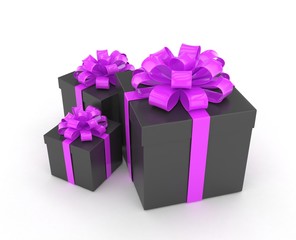 three gift boxes with bows isolated on white. 3d rendering.