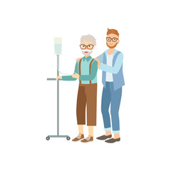 Fototapeta premium Volunteer Helping Old Man With Iv In Hospital