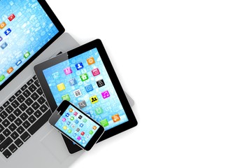 Laptop, phone and tablet pc. 3d rendering.