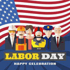 Vector poster of Happy Labor Day with different professions on the background with rays and flag.
