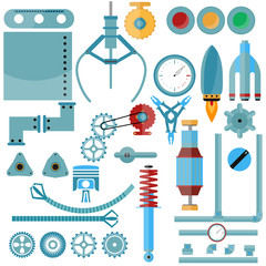 Obraz na płótnie Canvas set of parts of machinery. vector, flat design, machine parts in second hand machinery, gears, light bulbs, parts of rockets, metal sheets, tools, electric motor and more.