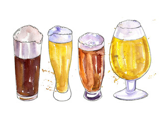 mugs and glasses with beer