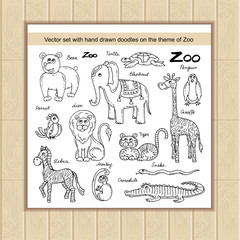 Vector set with hand drawn isolated doodles on the theme of zoo
