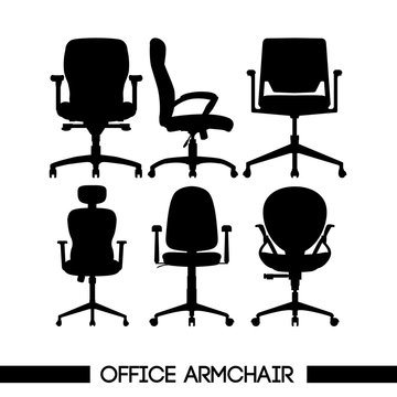 Black modern office armchair set, in outlines, over white background. Digital vector image