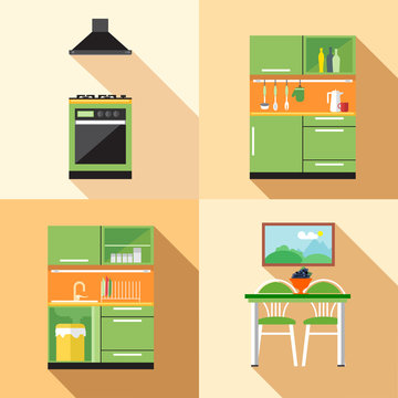 Kitchen home decoration set, flat style. Digital vector image