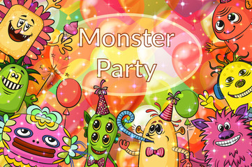 Background for Your Holiday Party Design with Different Cartoon Monsters, Colorful Illustration with Cute Funny Characters and Valentine Balloons. Eps10, Contains Transparencies. Vector