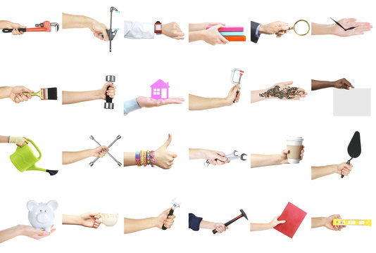 Hands holding different objects on white background.