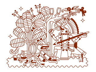sketch drawing aztec cacao bean, leaves, nibs, pattern
