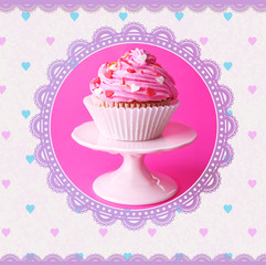 Greeting card with delicious cupcake on stand. Vintage style.