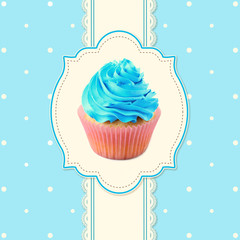Greeting card with delicious cupcake. Vintage style.