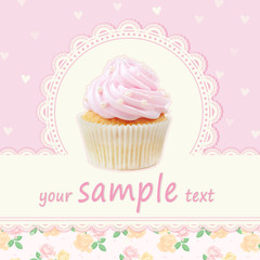 Greeting card with delicious cupcake and space for text. Vintage style.