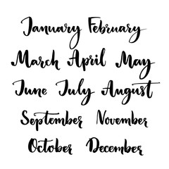 Handwritten months of the year: January, February, March, April, May, June, July, August, September, October, November, December. Brush lettering words for calendars and organizers.