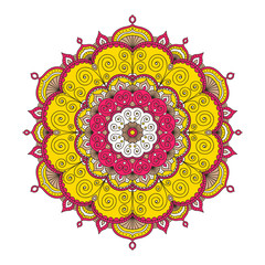 Vector hand drawn doodle mandala. Ethnic mandala with colorful tribal ornament. Isolated. Red, white, yellow and brawn colors. On white background. - 118339949