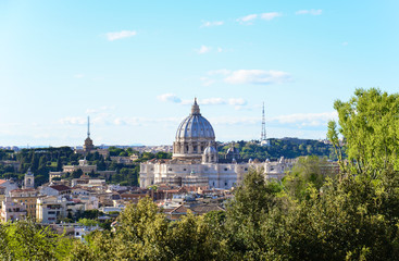 Fototapeta na wymiar Rome (Italy) - The famous Janiculum hill and terrace, with emotional cityscape on the Italy capital. Here: Saint Peter Basilica
