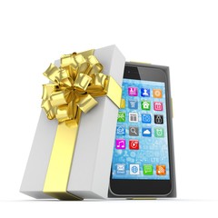 Smartphone in gift box. Isolated on white background. 3d rendering.