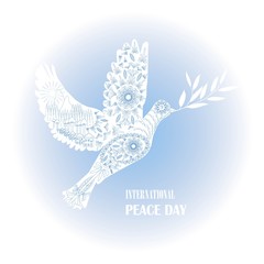 Typography banner International Peace Day, white dove of peace on blue, ornaments, hand drawn, vector