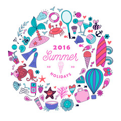 Summer doodles design, travel vacation illustration in wreath shape
