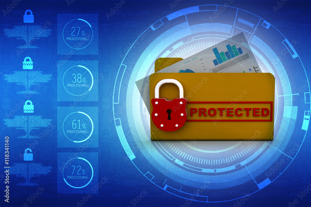 Poster yellow folder and lock. data security concept. 3d rendering