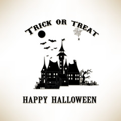Trick or Treat. Halloween castle with bat in the midnight