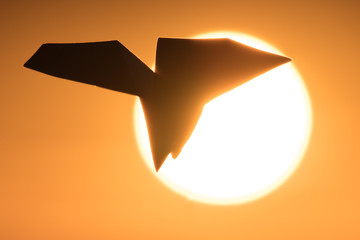 The paper airplane fly on the background of a bright sun