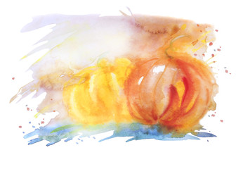 Watercolor abstract blur, outline pumpkin, spray, splash paint, stains. It can be used as background for greeting cards, invitations for Halloween, design solutions.