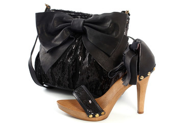 Pair of women shoes and handbag isolated over white