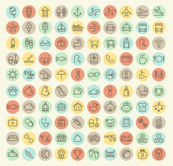 Set of 100 Isolated Universal Minimal Simple Thin Line Baby, Veterinary, Airport and Beach Icons on Circular Color Buttons.