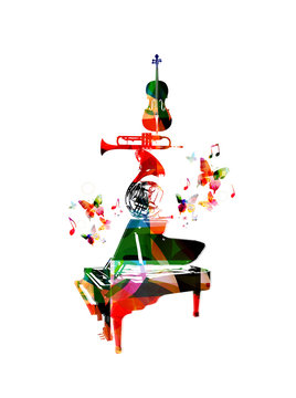 Vector illustration for music inspires, combining colorful music instruments, piano, french horn, trumpet and violoncello