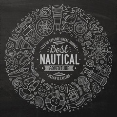 Set of Nautical cartoon doodle objects, symbols and items