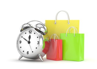 alarm clock and shopping bag (time to buy concept). 3d rendering.