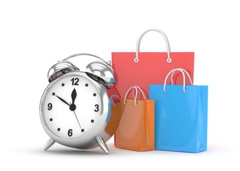 alarm clock and shopping bag (time to buy concept). 3d rendering.